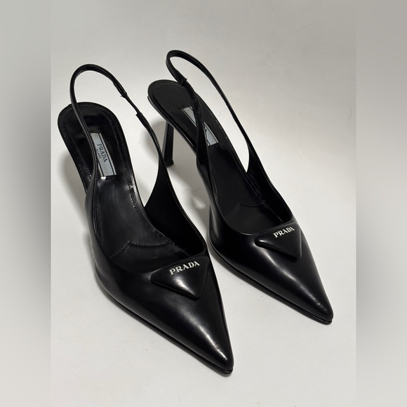 Prada Shoes - PRADA Pointy Black Pointed SlingBack With Logo Triangle Accent Size 37.5